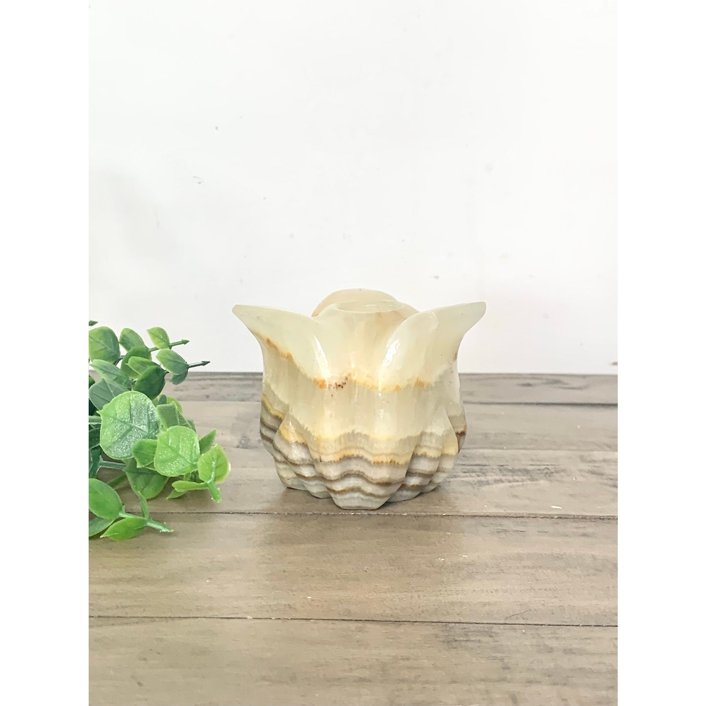 Vintage Onyx Stone Candle Holder Carved Marble Style Taper Holder Floral Earthy