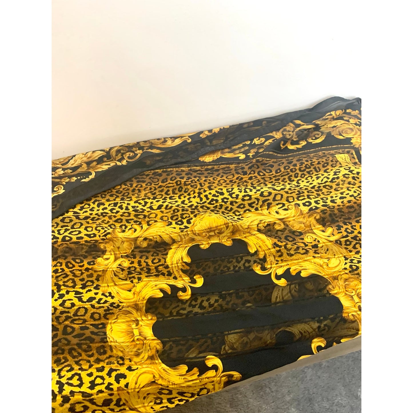 Vintage Kathie Lee Italy Scarf Baroque Leopard Print Black Gold Sheer Square Glam