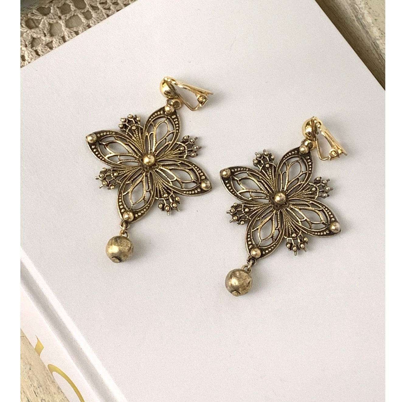 Vintage Gold Tone Clip On Earrings Ornate Filigree Floral Dangle Earrings Statement Jewelry