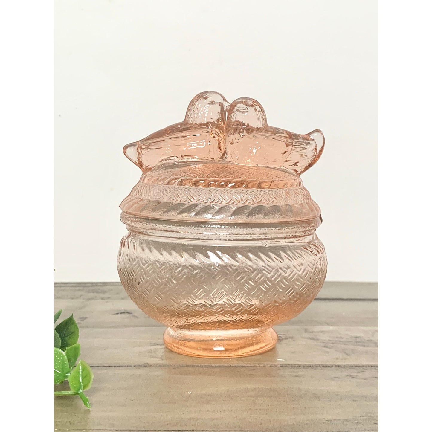 Vintage Pink Depression Glass Lovebirds Covered Candy Dish Romantic Glass Vanity Jar Trinket Box