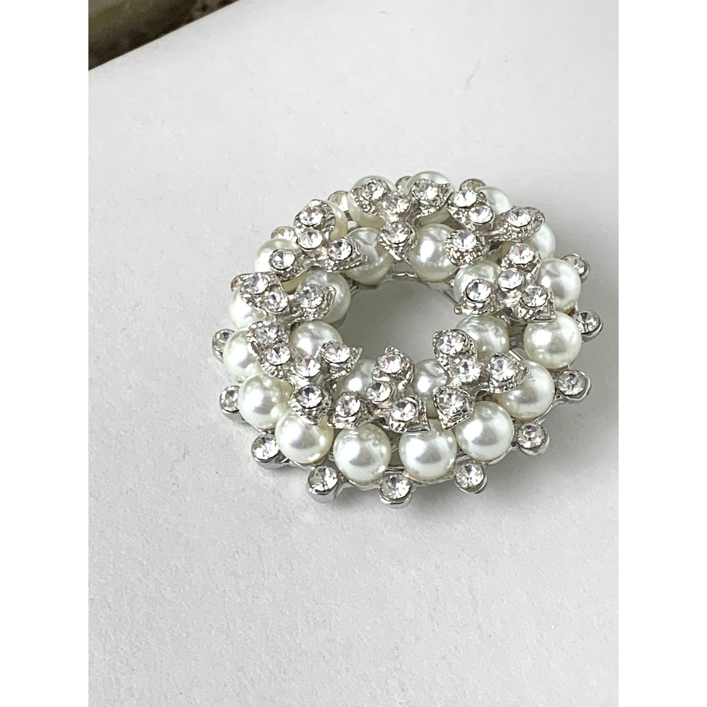 Vintage Faux Pearl and Rhinestone Wreath Brooch Classic Circle Pin Elegant Jewelry