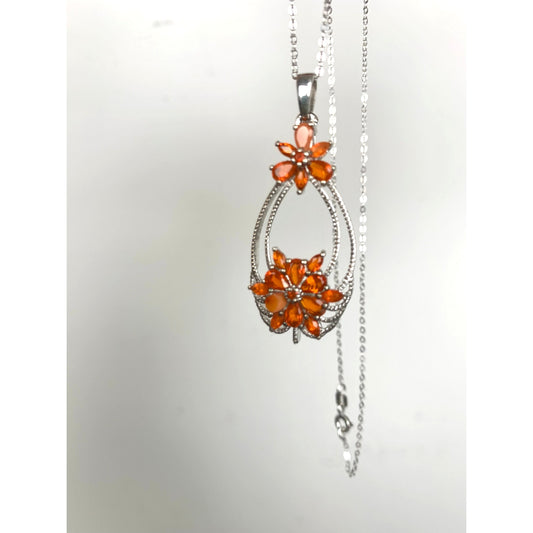 Sterling Silver STS Orange Gemstone Floral Pendant Necklace 925 Vintage Style Statement Necklace