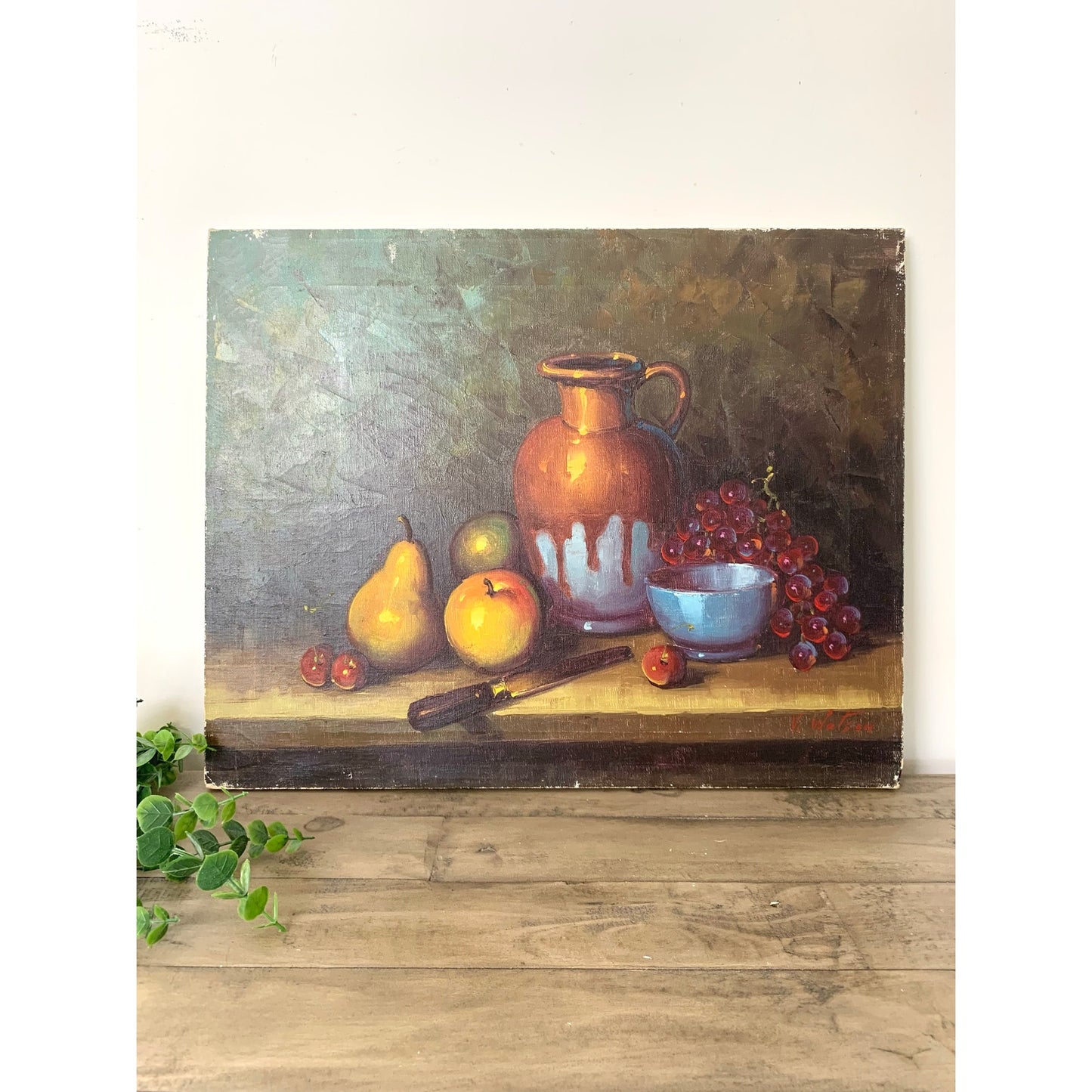 Vintage Still Life Oil Painting on Canvas Signed V Watson Rustic Fruit Art Moody