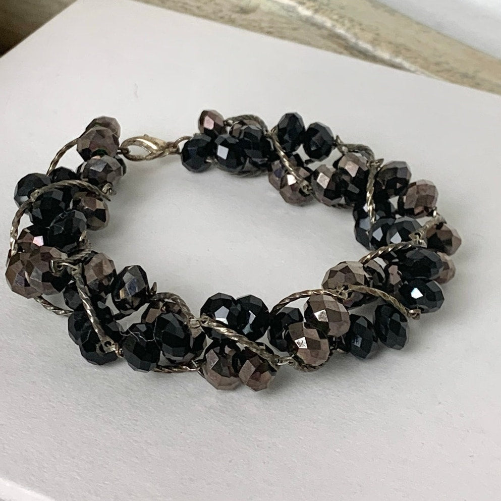 Vintage Smoky Faceted Beaded Bracelet Multi Strand Dark Crystal Glass Bead Statement Jewelry