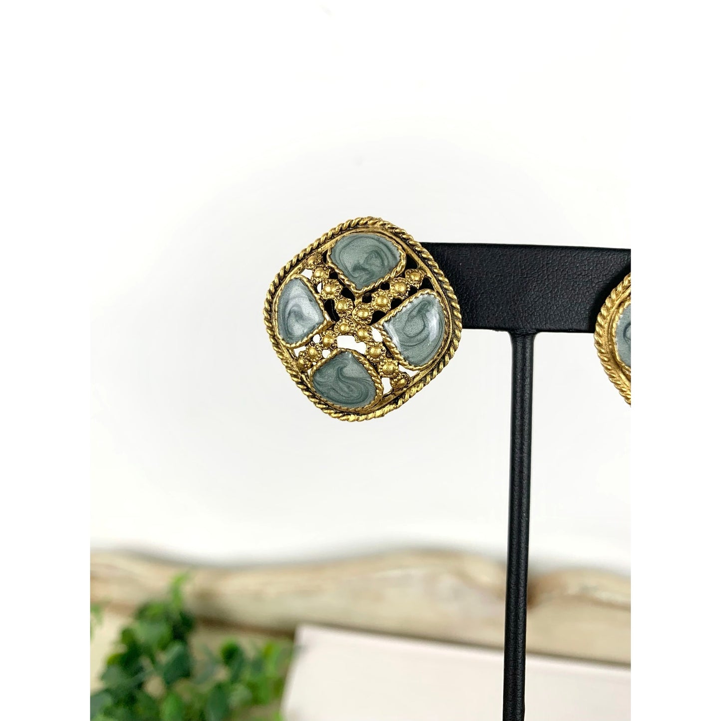 Vintage Goldtone Teal Swirl Enamel Statement Earrings Chunky Retro Post Back 1980s