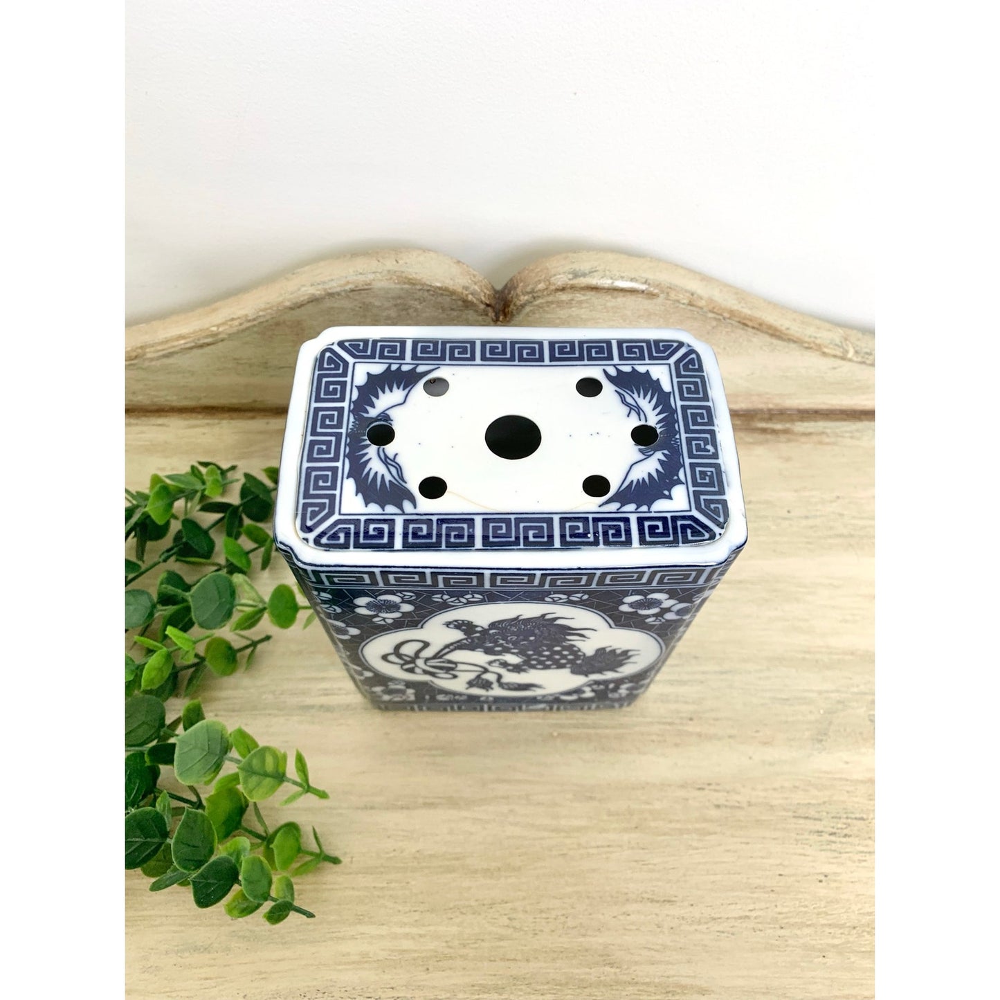Vintage Chinoiserie Porcelain Flower Frog Blue White Foo Dog Vase Andrea by Sadek