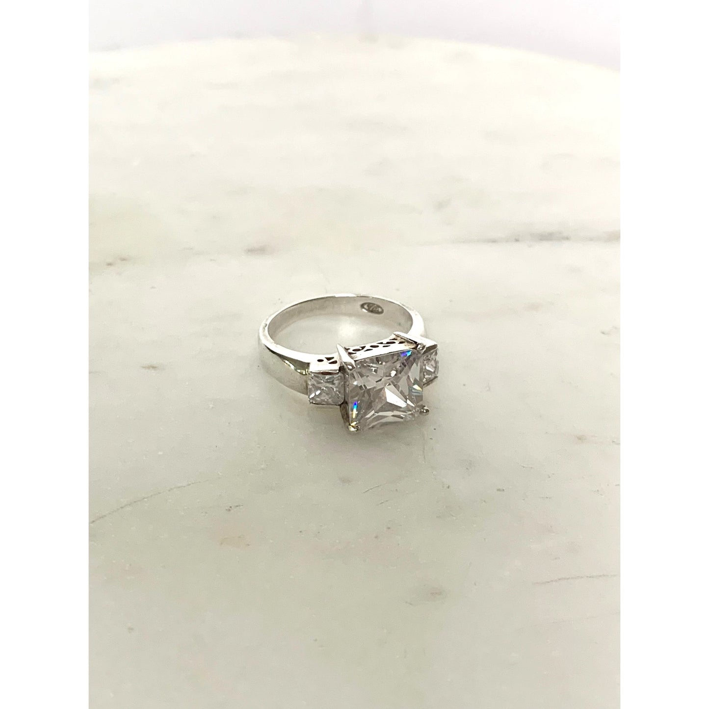 Vintage Sterling Silver Ring with Cubic Zirconia Size 7.25 Princess Cut - 925