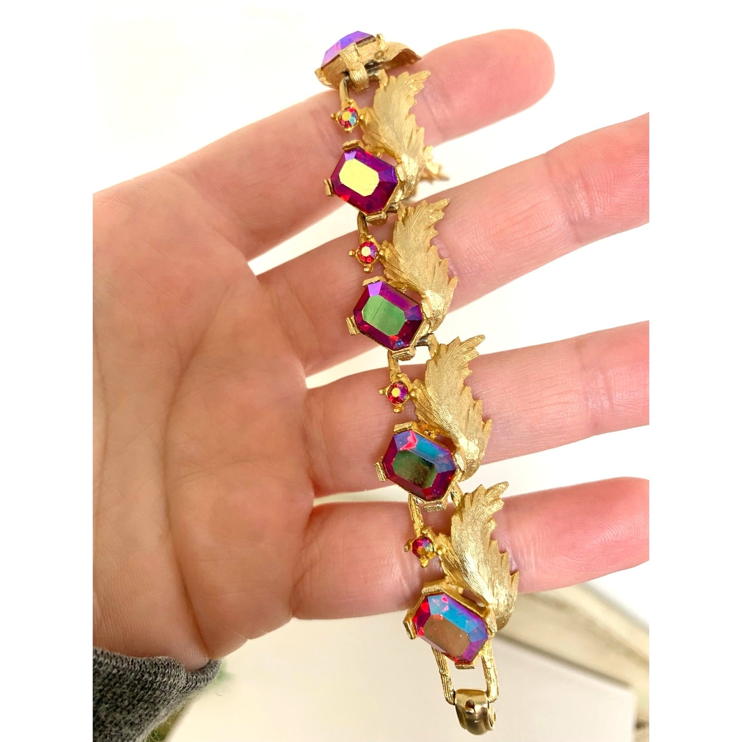 Vintage Pink Aurora Borealis Rhinestone Bracelet Gold Leaf Statement Jewelry Glam