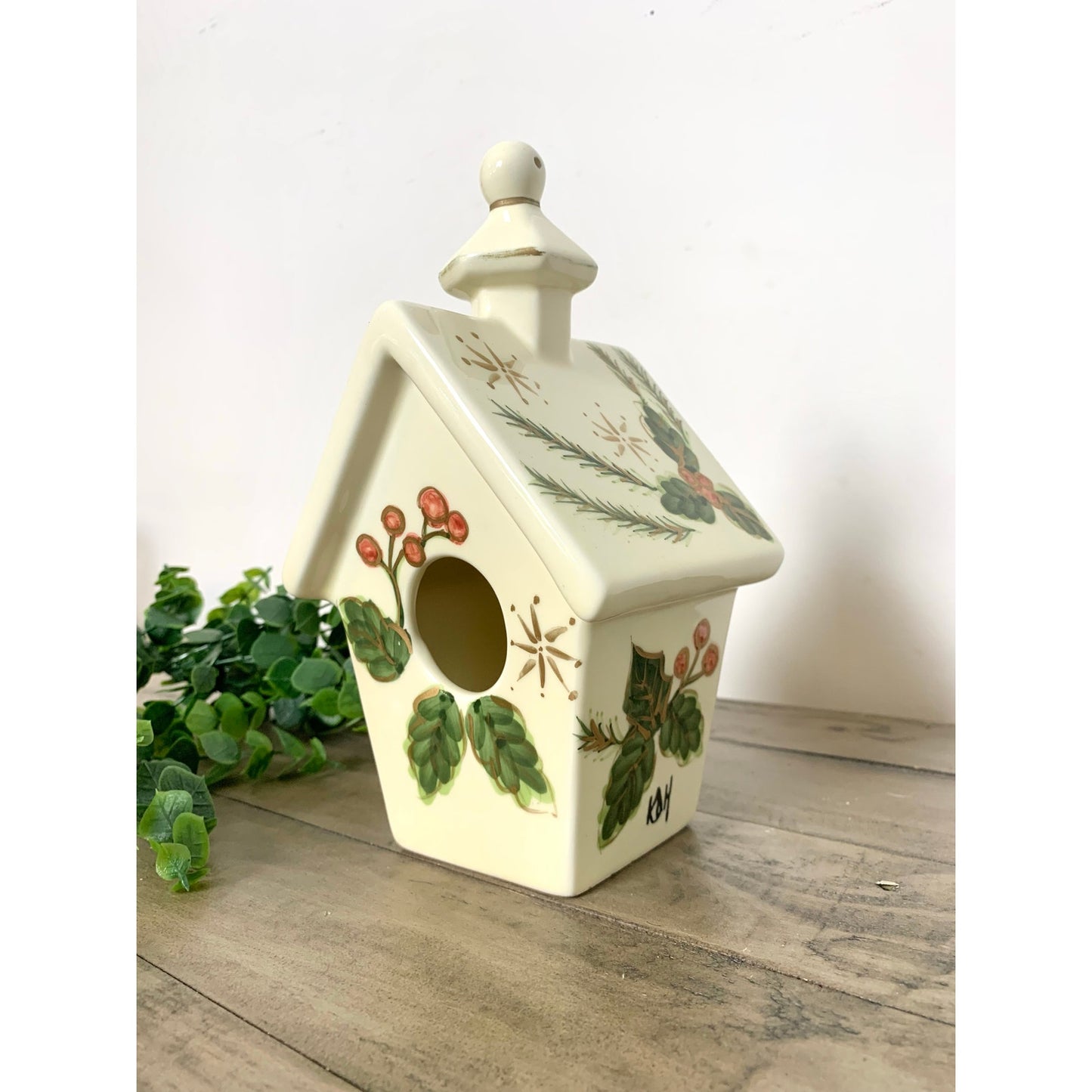 Vintage Ceramic Christmas Birdhouse with Hand Painted Holly and Berry Design Holiday Cottage