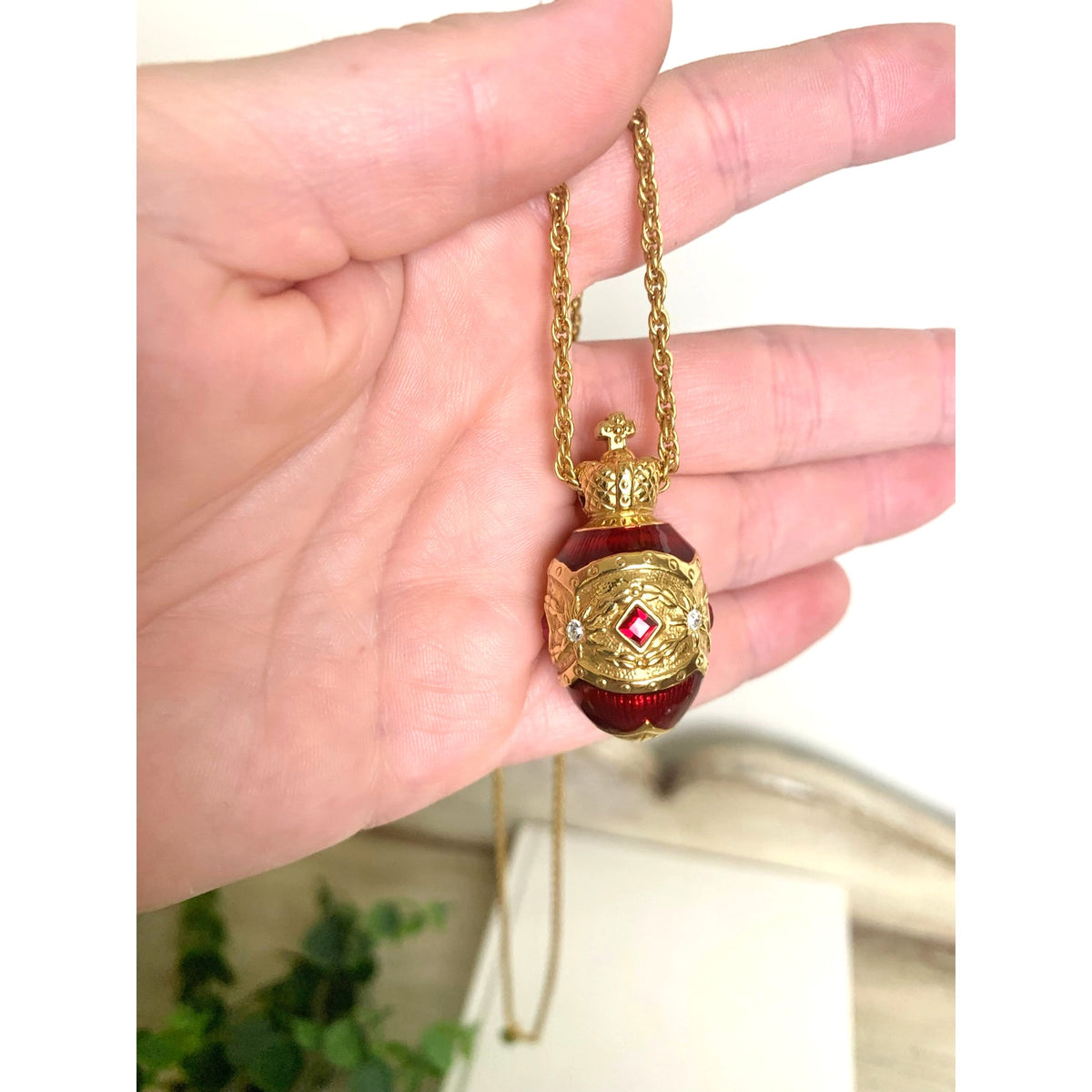 Vintage Joan Rivers Red Enamel Egg Pendant Necklace Crown Rhinestone Gold Tone