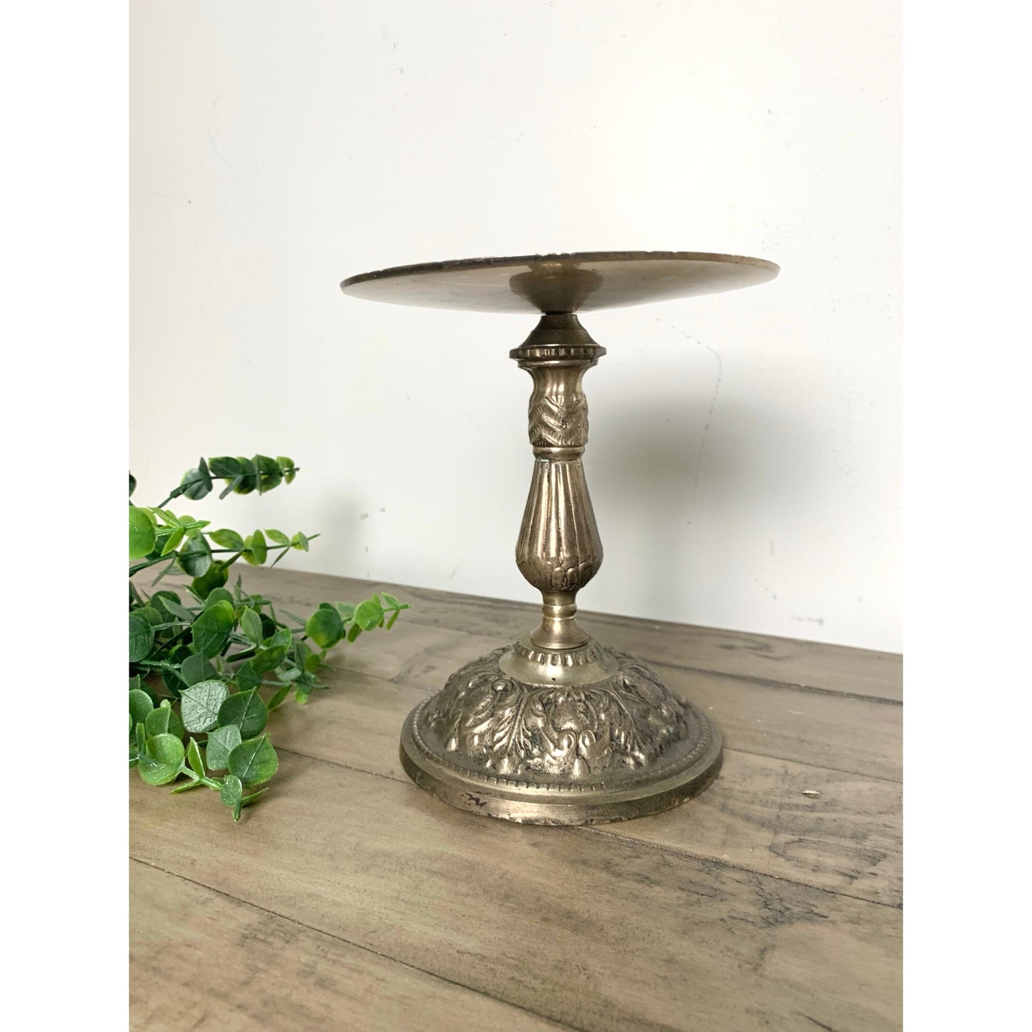 Vintage Ornate Metal Pedestal Candle Holder Pillar Stand with Floral Design