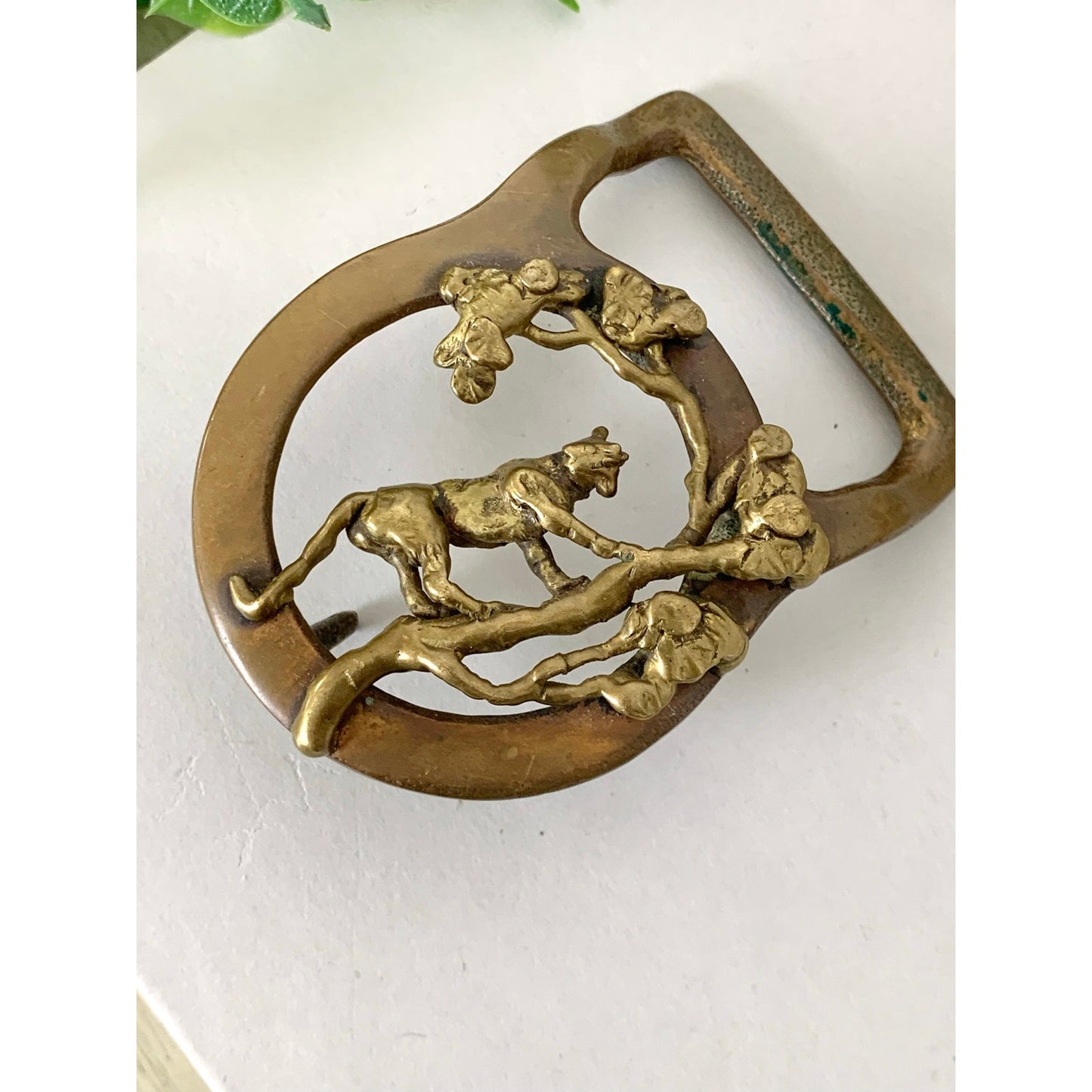 Vintage Masterworks Brass Belt Buckle Tiger Tree Western Animal
