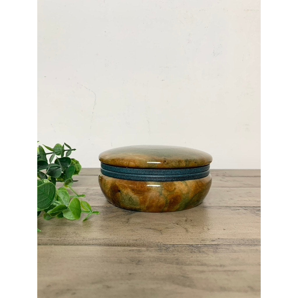 Vintage Alabaster Trinket Jewelry Box Hinged Earthy Green Brown Veining Stone