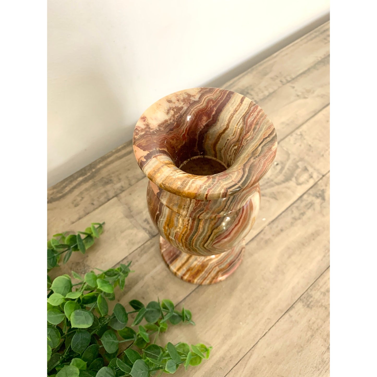 Vintage Polished Onyx Stone Vase Natural Striped Marble Pattern Earthy Boho Urn