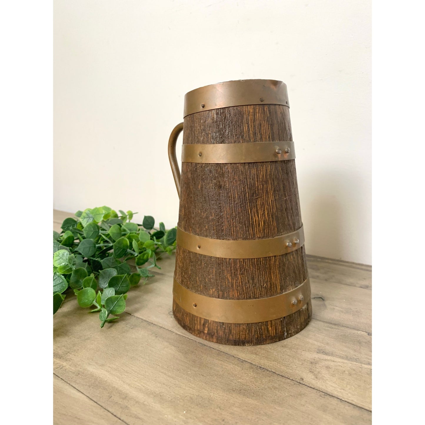 Antique Staved Wood Pitcher Copper Bands Handle Rustic Jug Vase Farmhouse