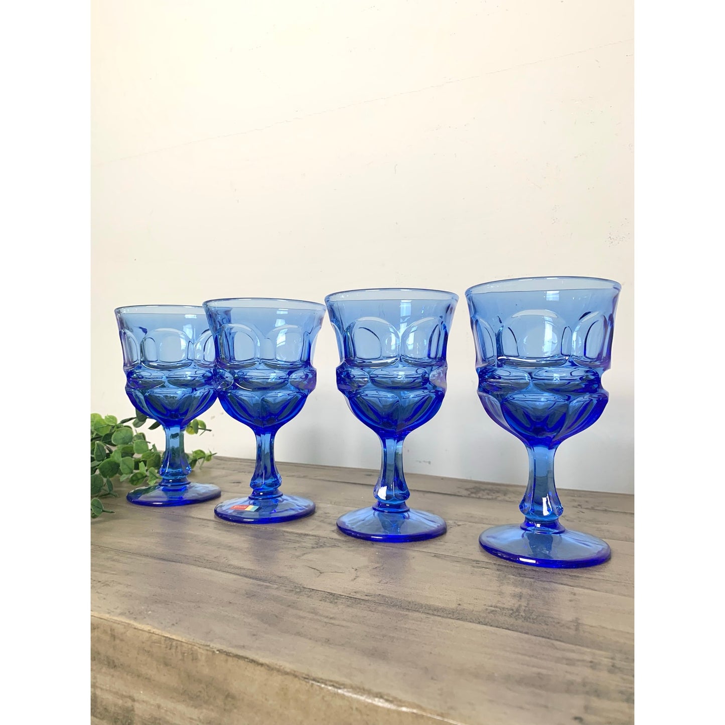 Vintage Fostoria Argus Blue Water Goblets Stem Mid Century Glassware Retro Set 4