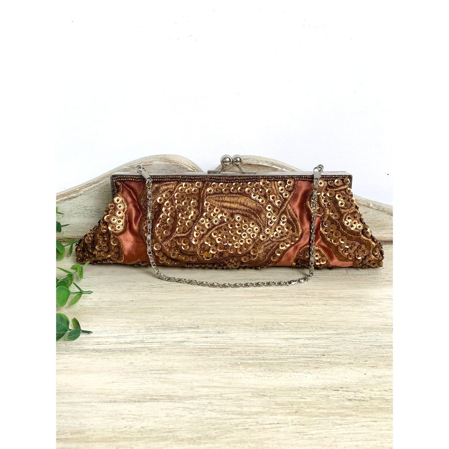 Vintage Brown Sequin Beaded Clutch Purse Evening Bag Cocktail Party Y2K Glam Wedding Guest