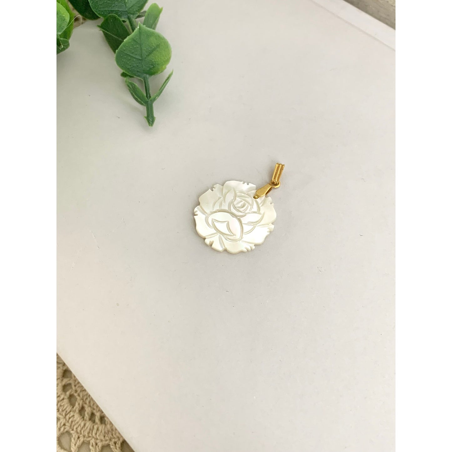 Vintage Mother of Pearl Flower Pendant Gold Tone Bale Carved Shell Charm Rose