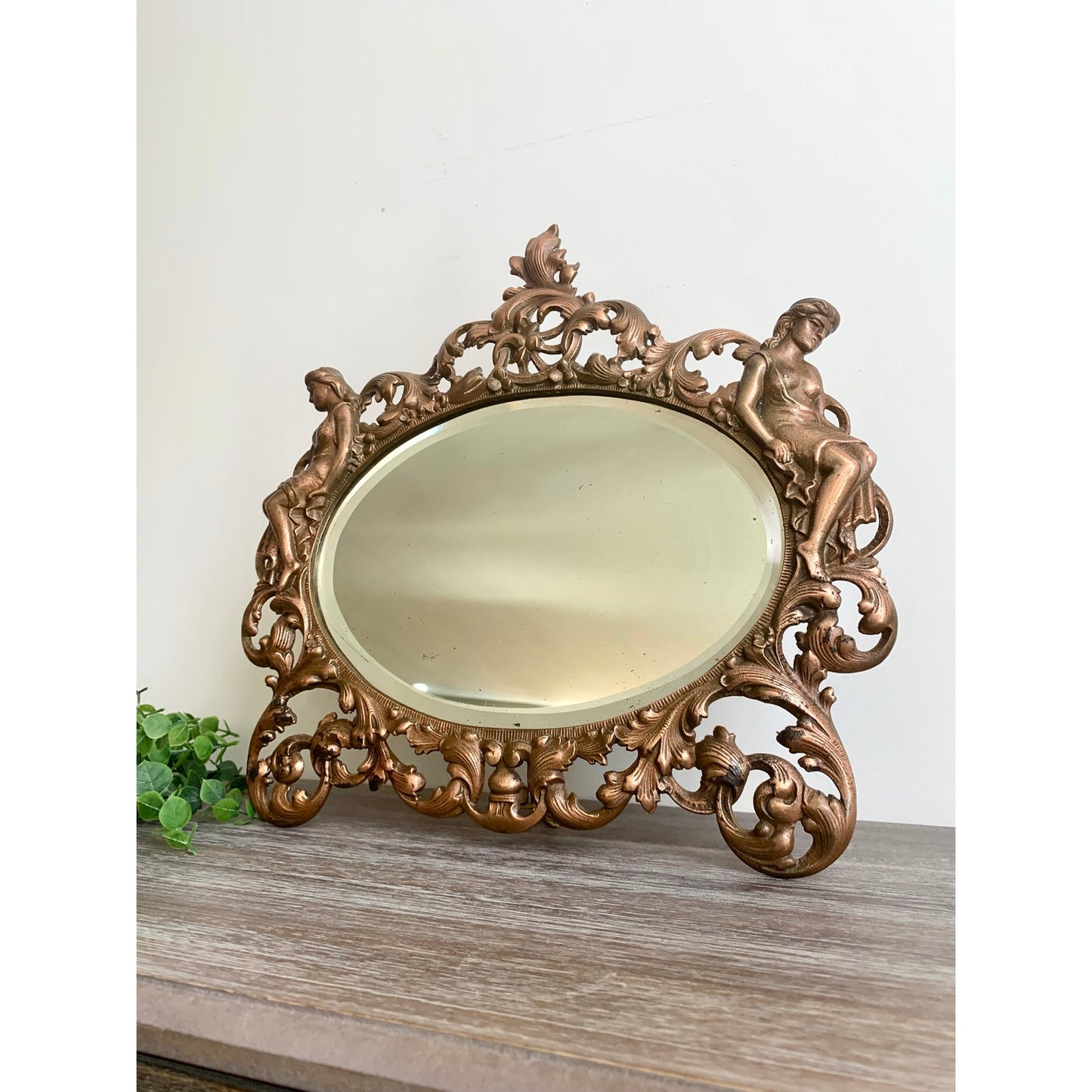 Vintage Art Nouveau Style Cast Iron Vanity Mirror with Kickstand Ornate Figural