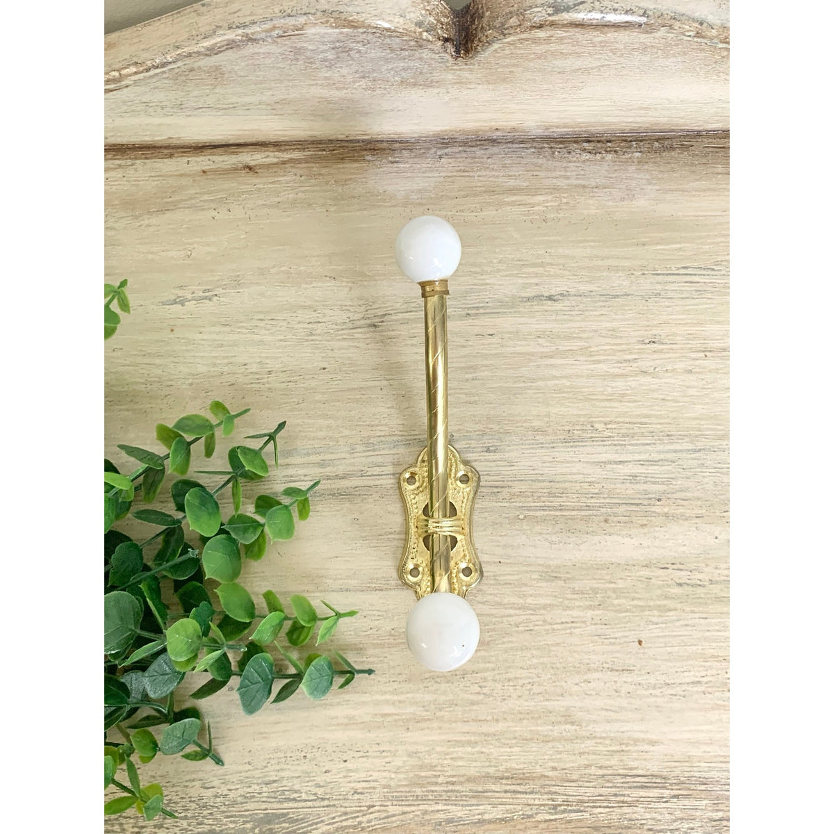 Vintage Brass Double Wall Hook White Porcelain Knobs Coat Rack Hardware