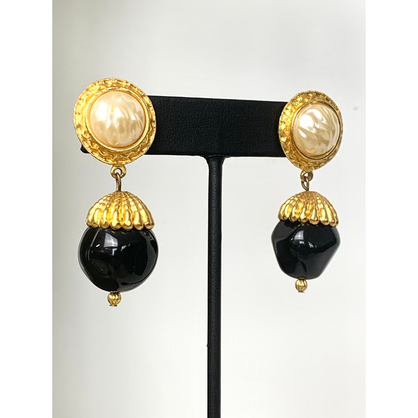 Vintage Faux Pearl Black Bead Goldtone Dangle Earrings Classic Statement