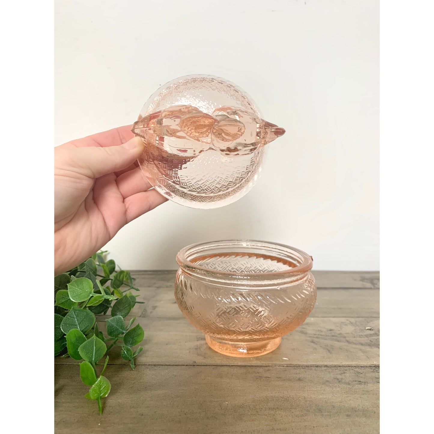 Vintage Pink Depression Glass Lovebirds Covered Candy Dish Romantic Glass Vanity Jar Trinket Box
