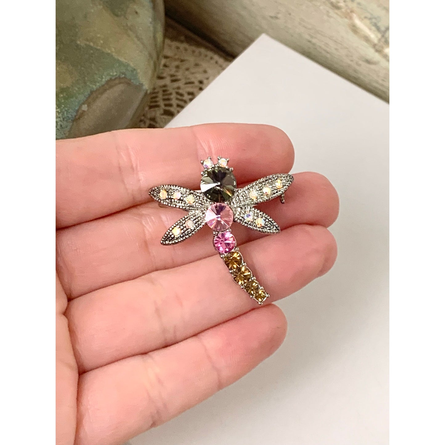 Vintage Rhinestone Dragonfly Brooch Pink Crystal Insect Pin Statement Jewelry