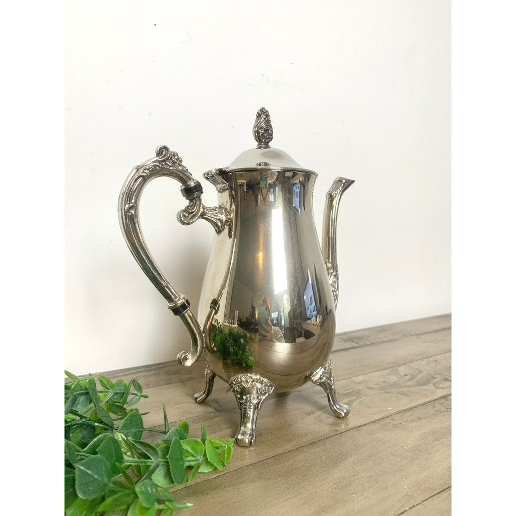 Vintage Silverplate Coffee Pot Tea Pot Ornate Footed Serving Dish Hinged Lid Floral Elegant