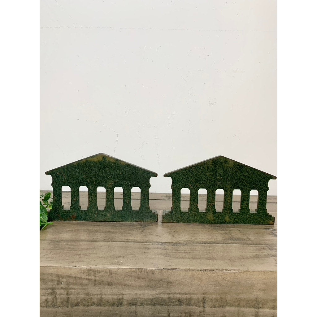 Vintage Cast Iron Greek Roman Bookends Green Greek Parthenon Columns Old Money