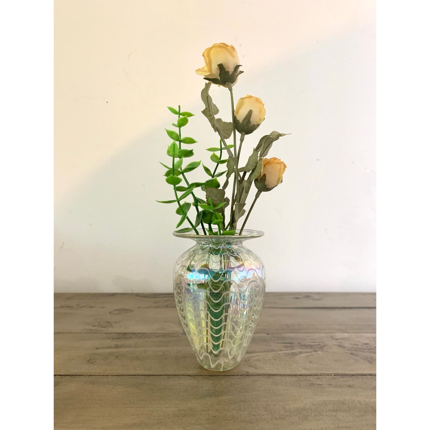 Vintage Glass Eye Studio Iridescent Art Glass Vase Handblown with Wavy Design