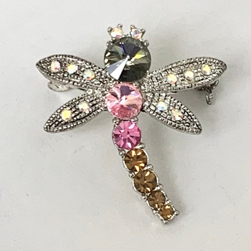 Vintage Rhinestone Dragonfly Brooch Pink Crystal Insect Pin Statement Jewelry