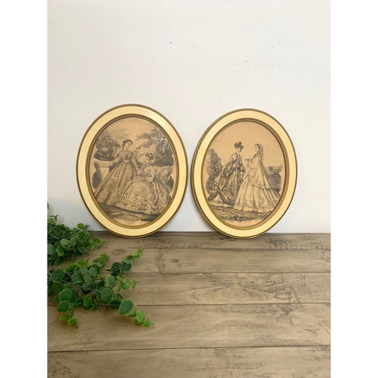 Vintage Oval Framed Victorian Lady Prints Set of 2 Gold Frames, Romantic Wall Art Pair
