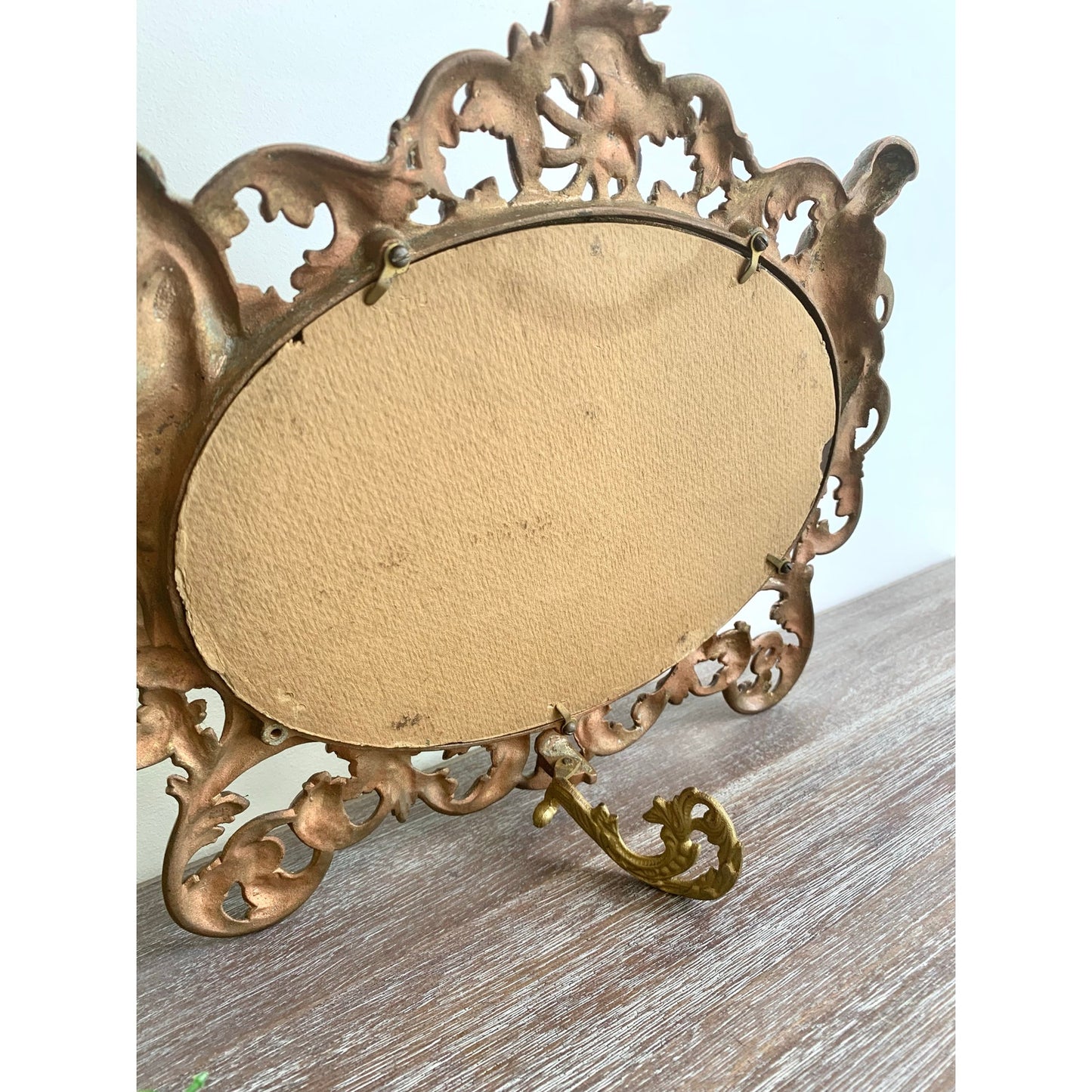 Vintage Art Nouveau Style Cast Iron Vanity Mirror with Kickstand Ornate Figural