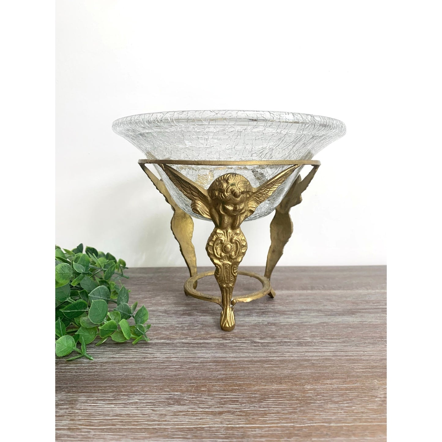 Vintage Brass Pedestal with Crackle Glass Bowl Angel Cherub Candle Votive Vase