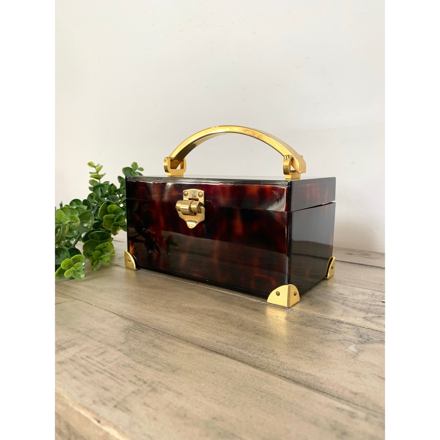 Vintage Saks Fifth Avenue Faux Tortoiseshell Lucite Box Brass Jewelry Storage