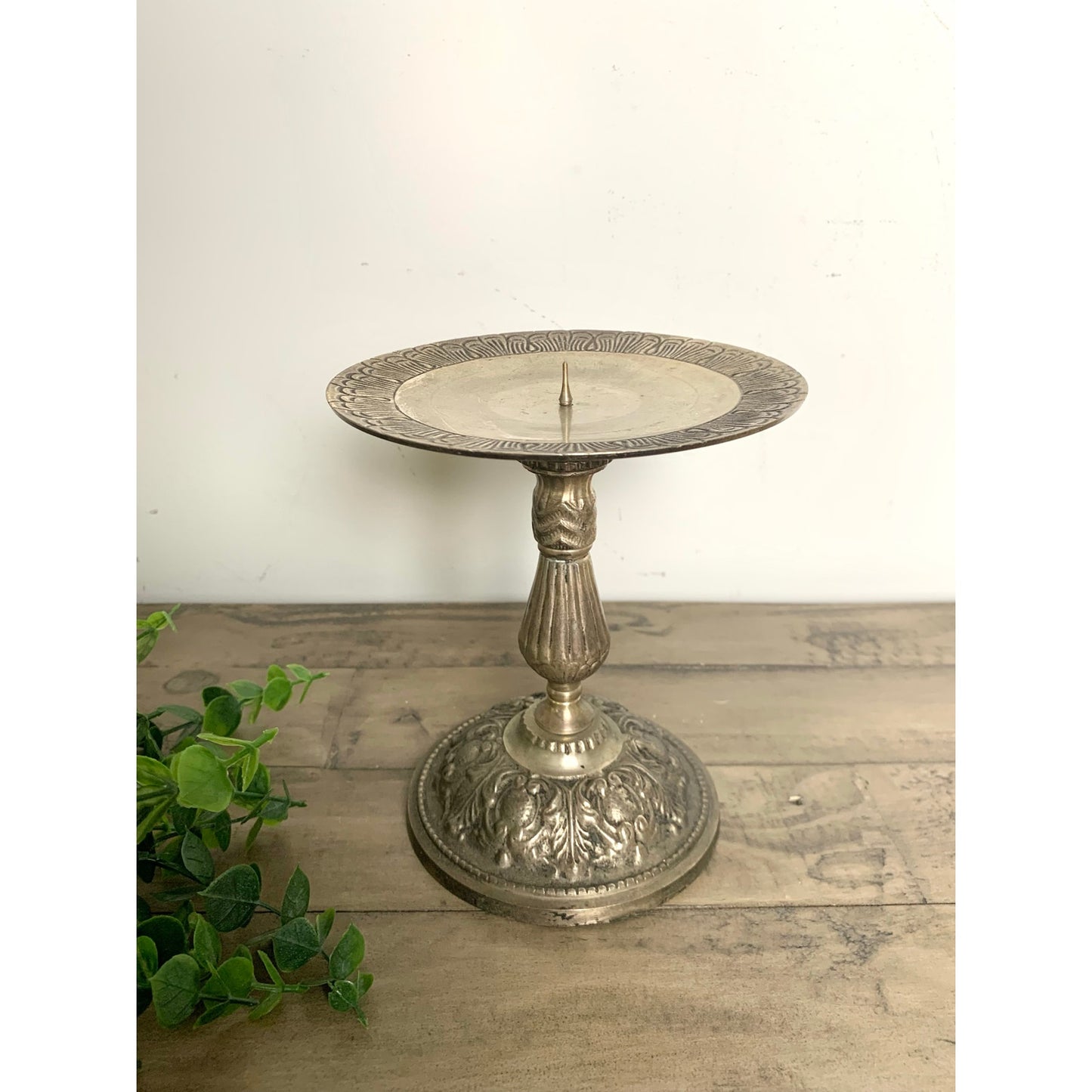 Vintage Ornate Metal Pedestal Candle Holder Pillar Stand with Floral Design