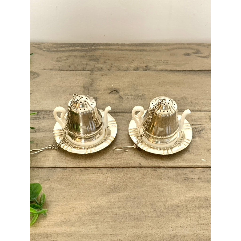 Vintage Silverplate Tea Infuser Set Mini Teapot Tea Strainers with Drip Trays