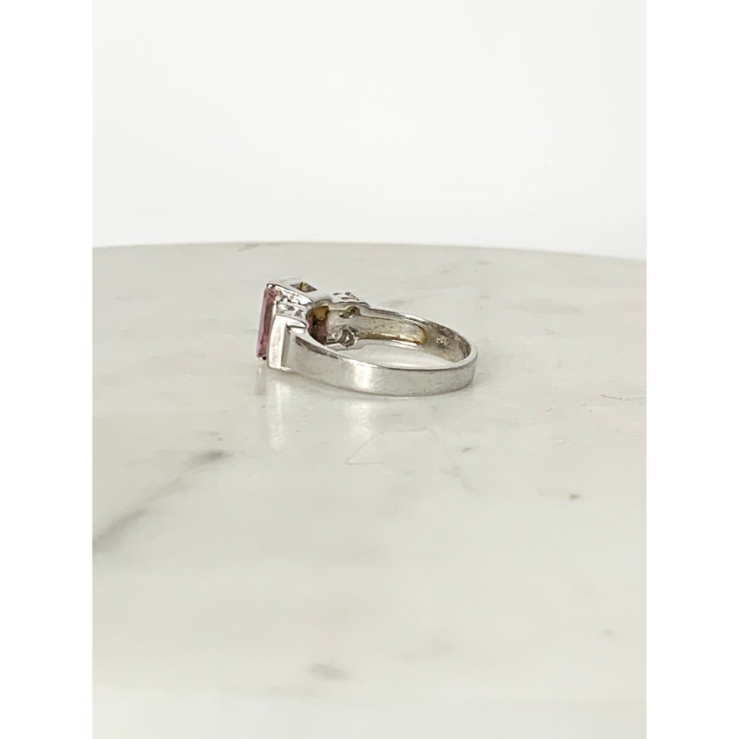 Vintage Sterling Silver Pink Princess Cut CZ Ring Size 8.25 Cocktail Art Deco