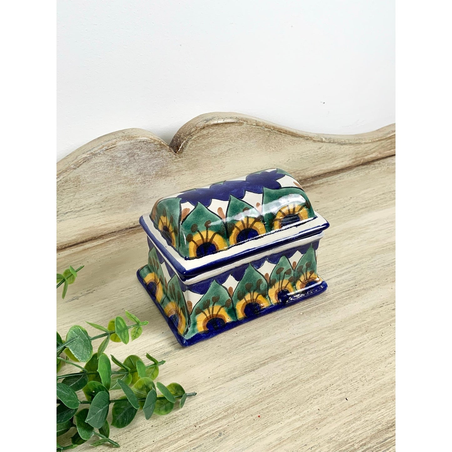 Vintage Mexican Talavera Style Ceramic Lidded Box Hand Painted Pottery Trinket Dish