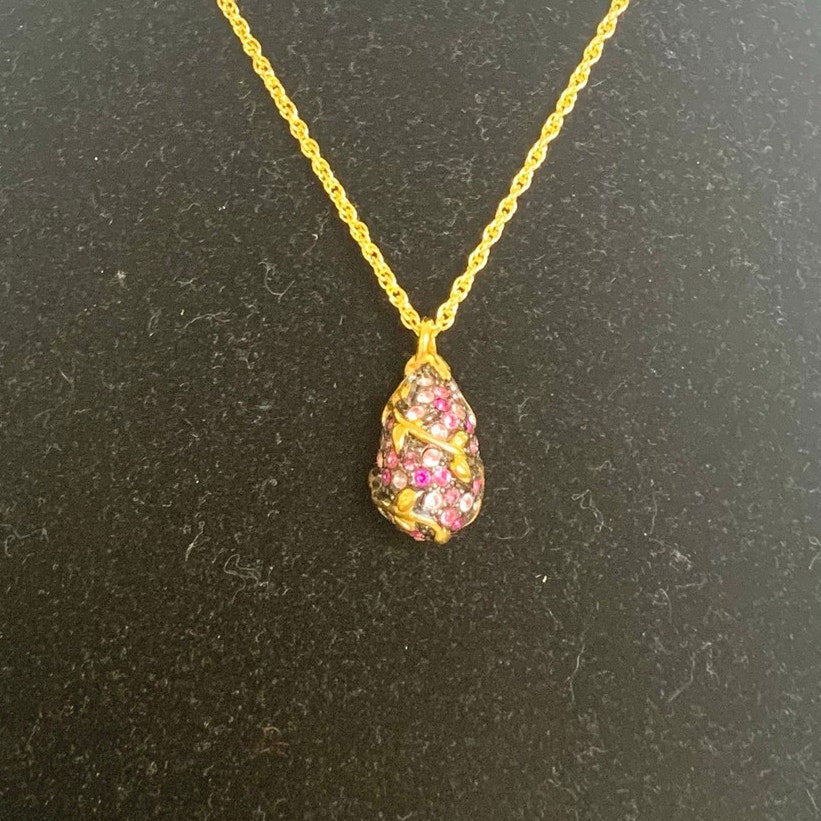 Vintage Joan Rivers Pink Purple Pendant Necklace Pave Rhinestone Gold Tone Romantic Glam