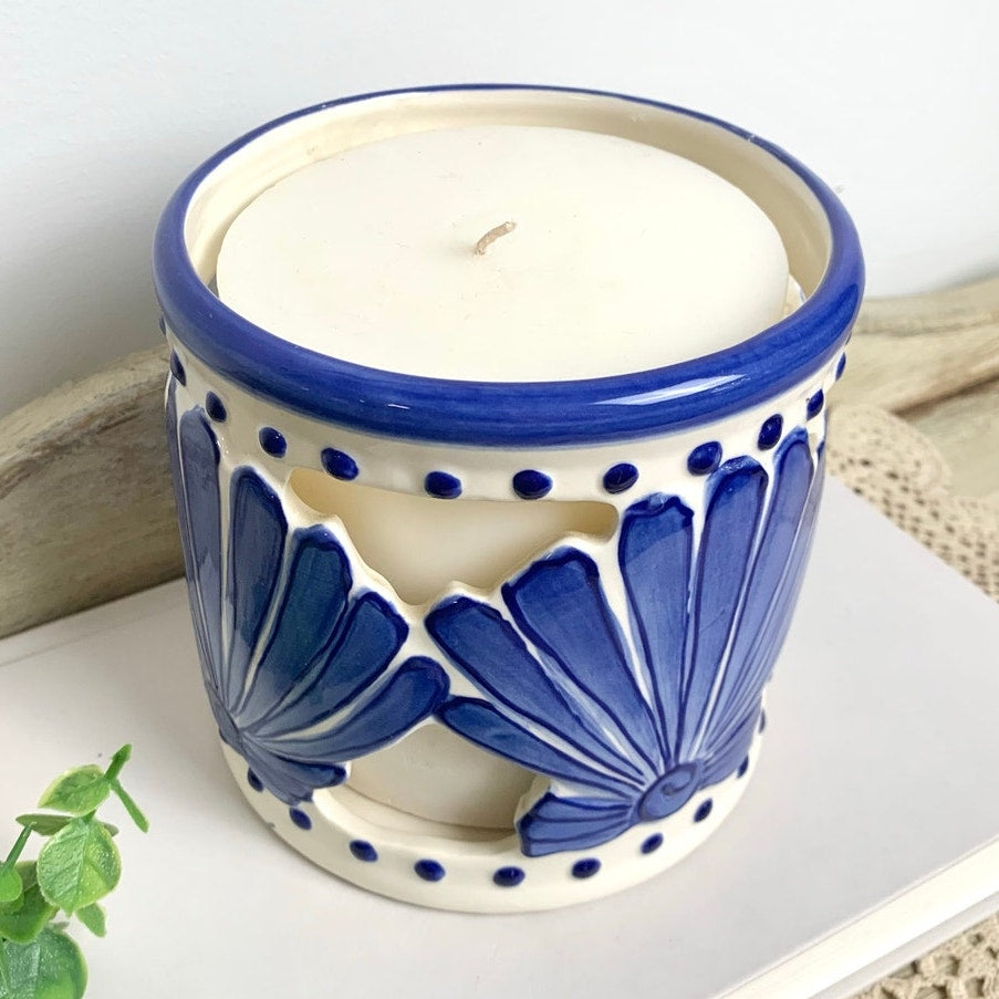 Vintage Blue and White Coastal Shell Candle Holder Ceramic Cutout Beach Votive