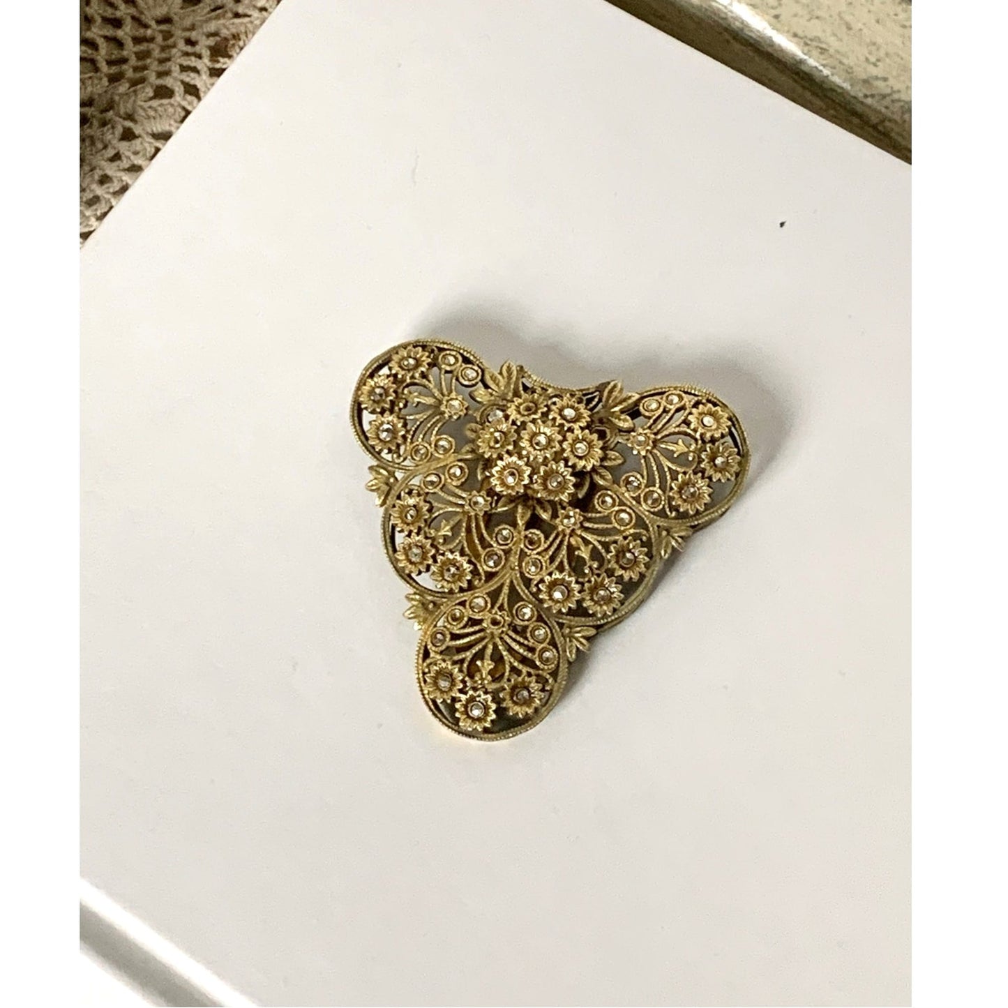 Antique 1920s Goldtone Filigree Dress Clip Marcasite Floral Art Deco Jewelry Scarf Clip