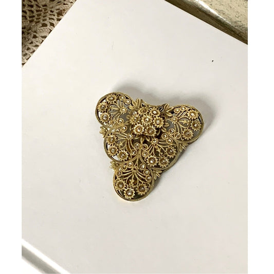Antique 1920s Goldtone Filigree Dress Clip Marcasite Floral Art Deco Jewelry Scarf Clip