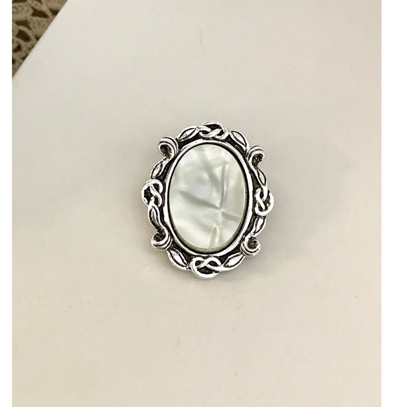 Vintage West Germany Mother of Pearl Scarf Clip Ornate Silver Tone Oval