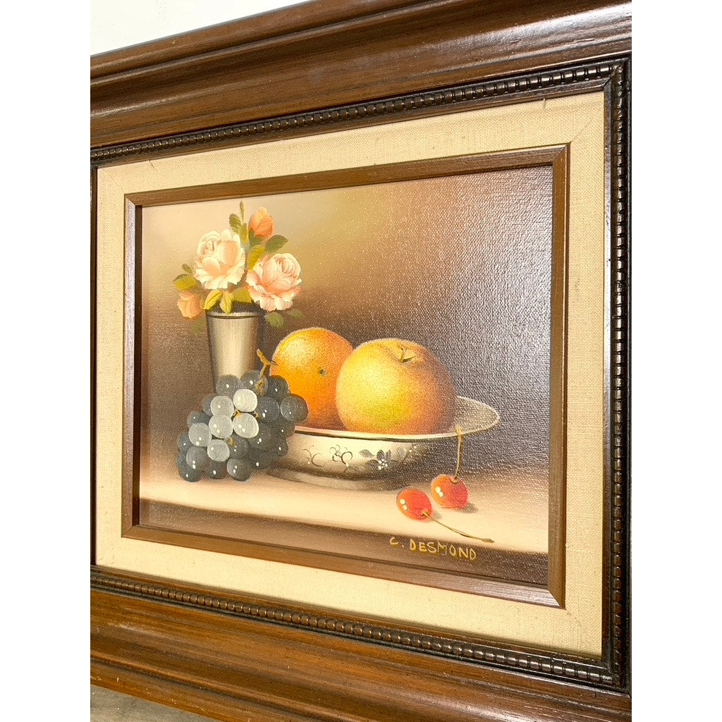 Vintage Still Life Oil Painting Signed C. Desmond, Framed Fruit & Floral Art