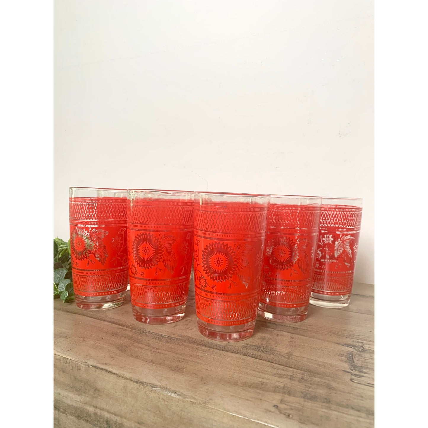 Vintage Mid Century Barware Glasses 12pc Retro Floral Red Drinkware Boho Cottage