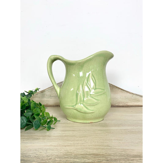 Vintage Green Ceramic Pitcher Vase Leaf Motif Cottagecore Nature Decor Farmhouse