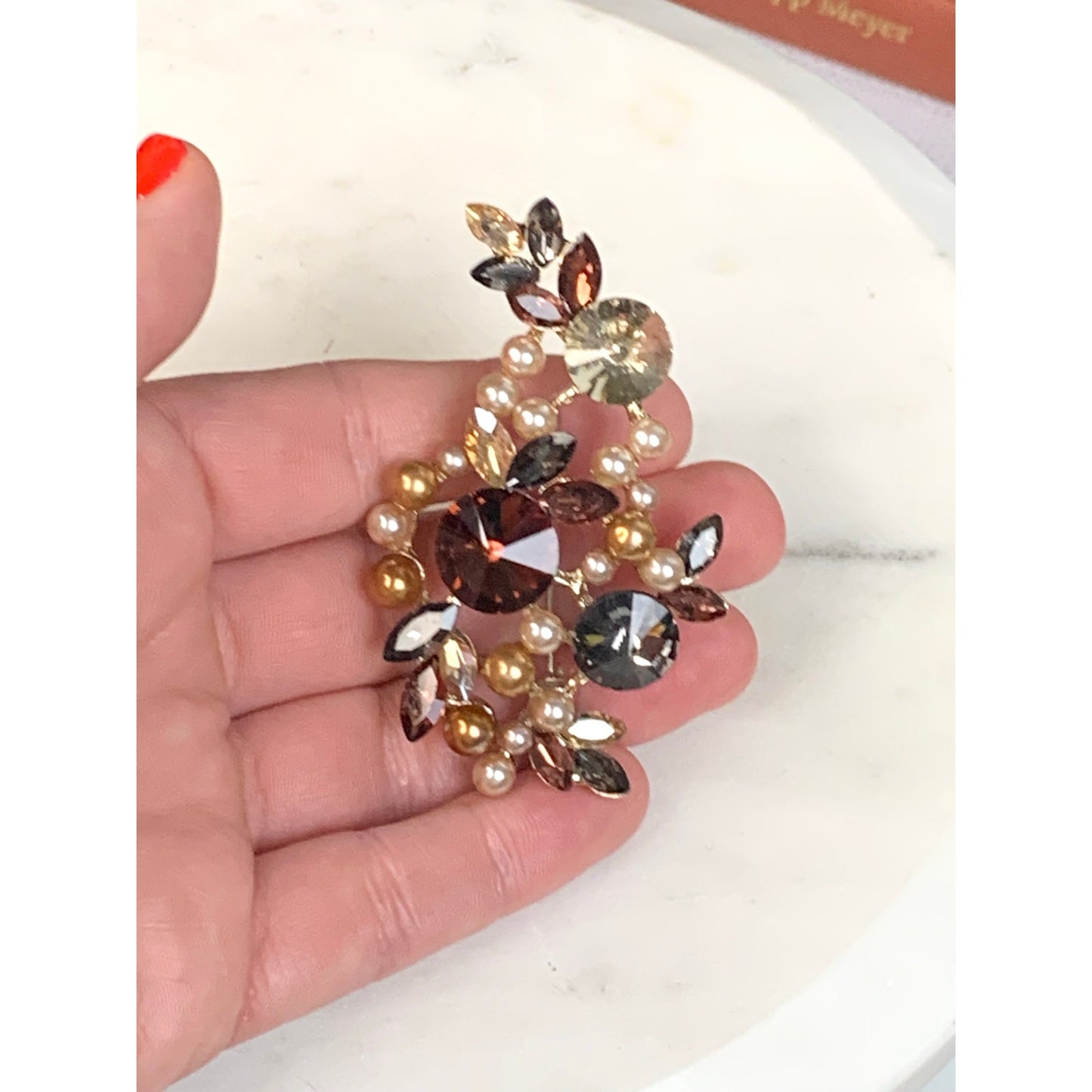 Romantic Rhinestone and Faux Pearl Brooch Multicolor Glass Statement Pin
