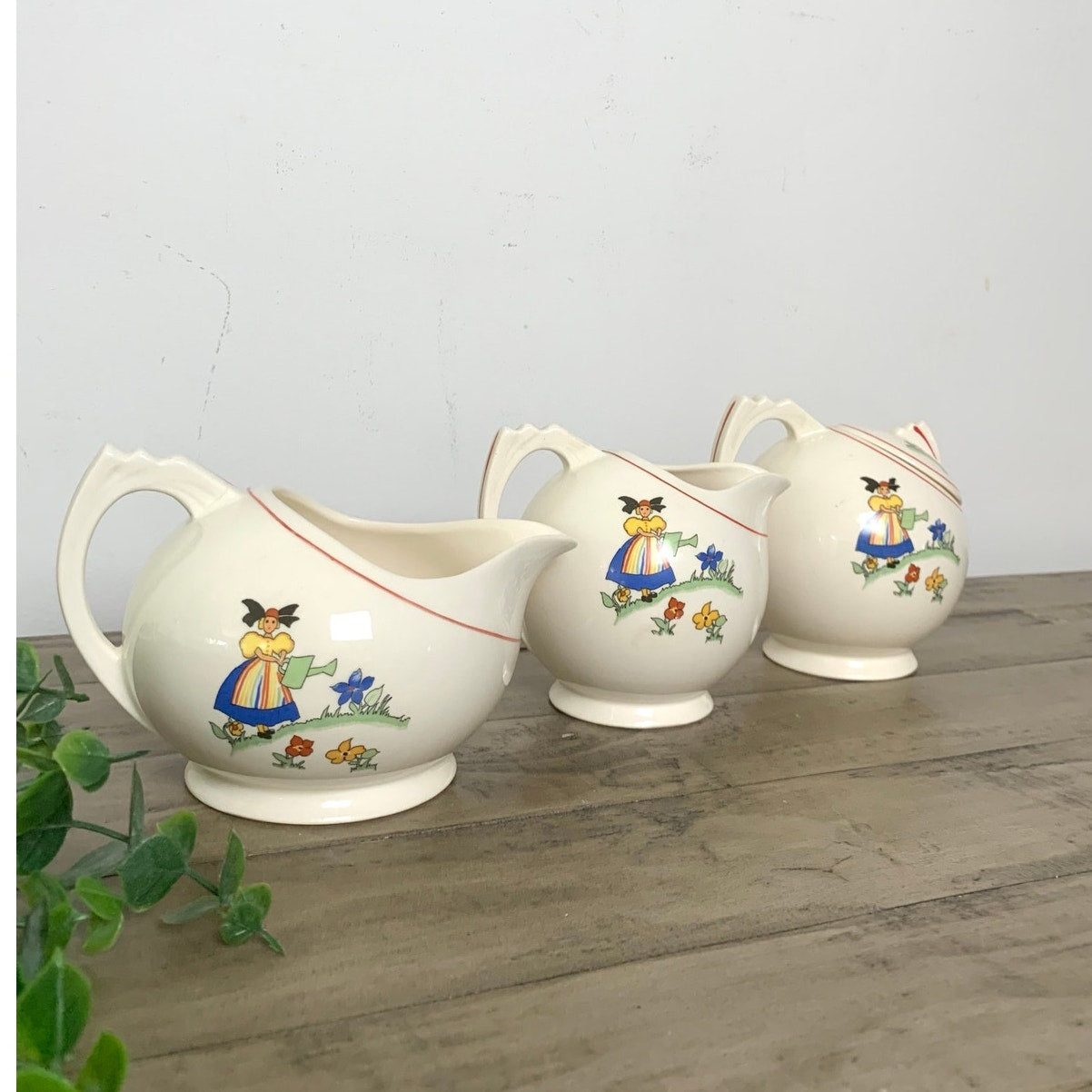 Vintage Crooksville China Co 3pc Creamer & Sugar Set Hand Painted Dutch Children