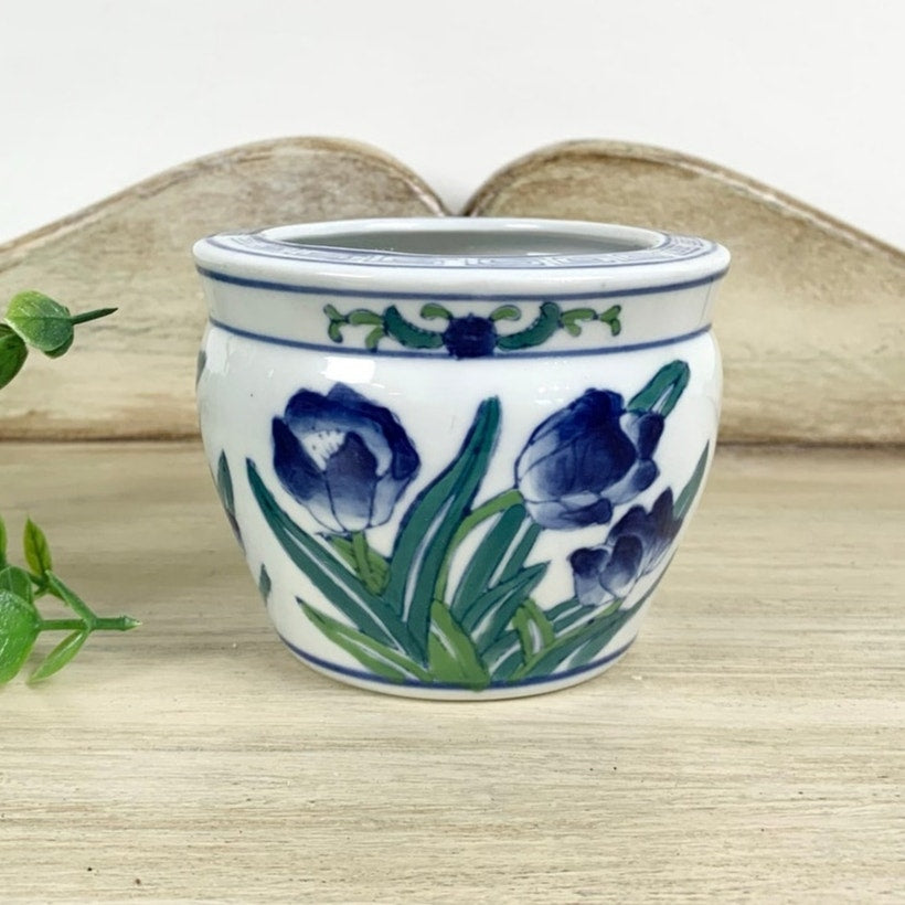 Vintage Chinoiserie Ceramic Cachepot Vase Planter Blue and White Floral Pottery